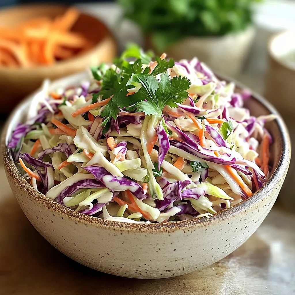 Healthy no mayo coleslaw recipe with vibrant vegetables in a bowl.