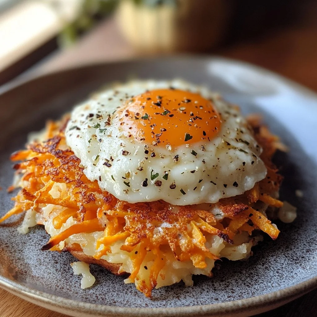 Healthy sweet potato hash browns served on a plate with a garnish
