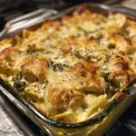 High-protein spinach and artichoke chicken casserole fresh out of the oven