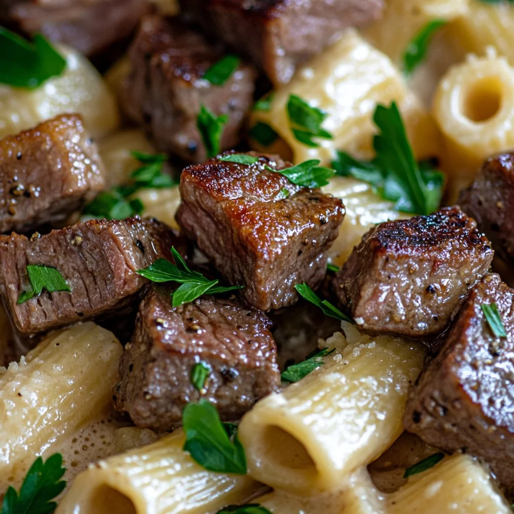 Indulgent creamy garlic parmesan steak pasta served on a plate.