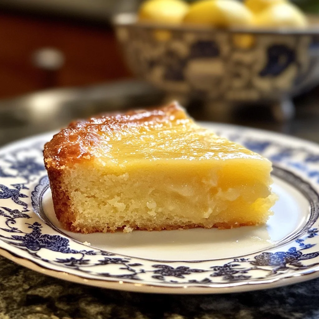 Slice of Italian Grandma's lemon custard cake topped with lemon zest