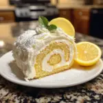 Delicious Lemon Cake Roll served on a plate with fresh lemon slices.