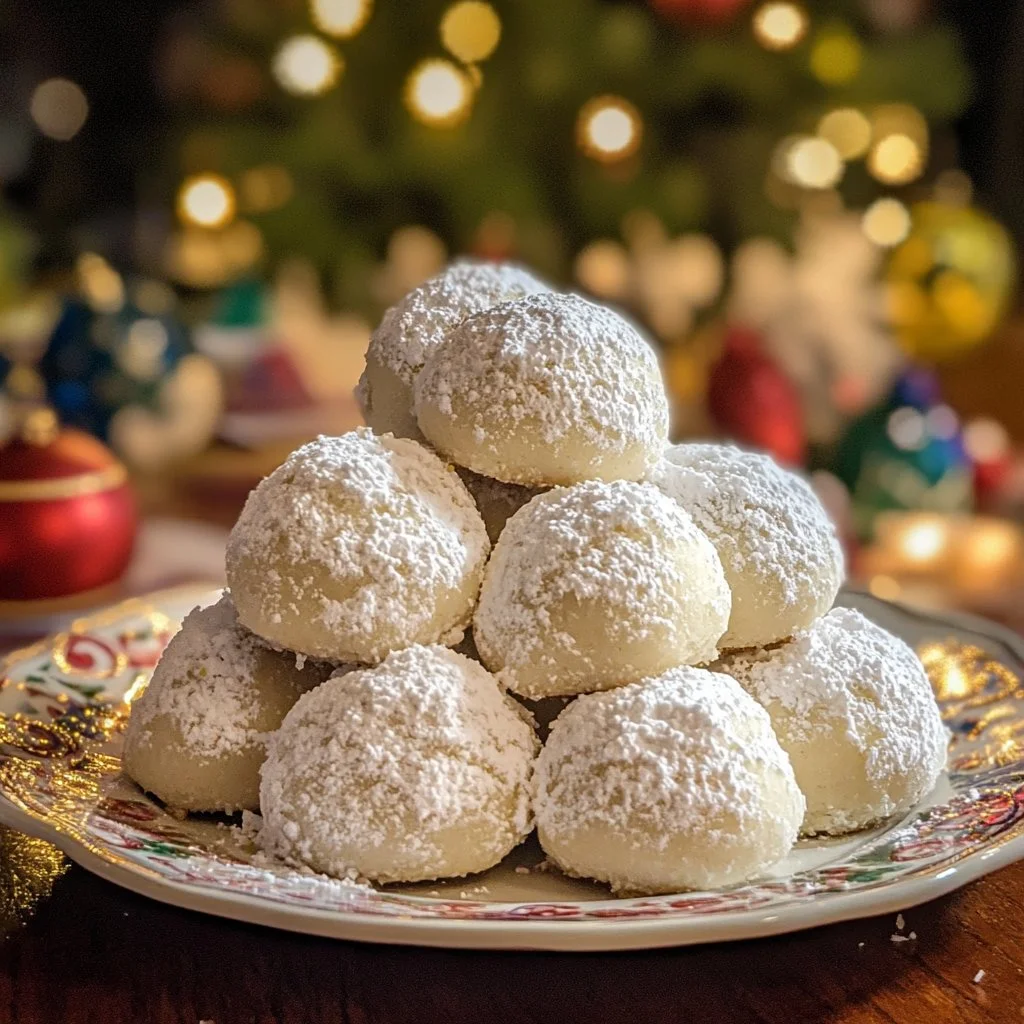 Lemon Cream Snowball Cookies dusted with powdered sugar on a plate