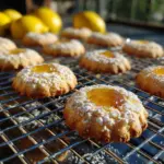 Delicious lemon curd cookies stacked on a plate with a drizzle of lemon glaze.
