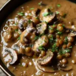 Delicious bowl of Lentil Mushroom Stroganoff garnished with fresh parsley