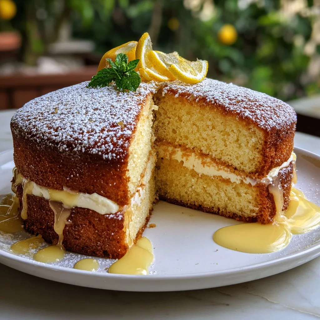 Limoncello Mascarpone Cake topped with lemon zest and creamy mascarpone frosting.