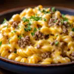 Creamy Loaded Cheeseburger Alfredo Pasta topped with herbs and cheese
