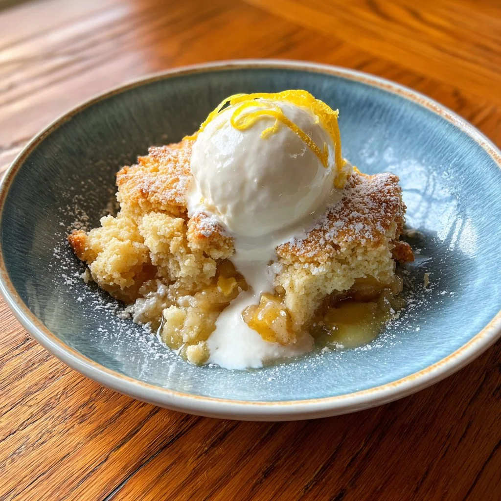 Delicious magic lemon cobbler dessert served in a dish