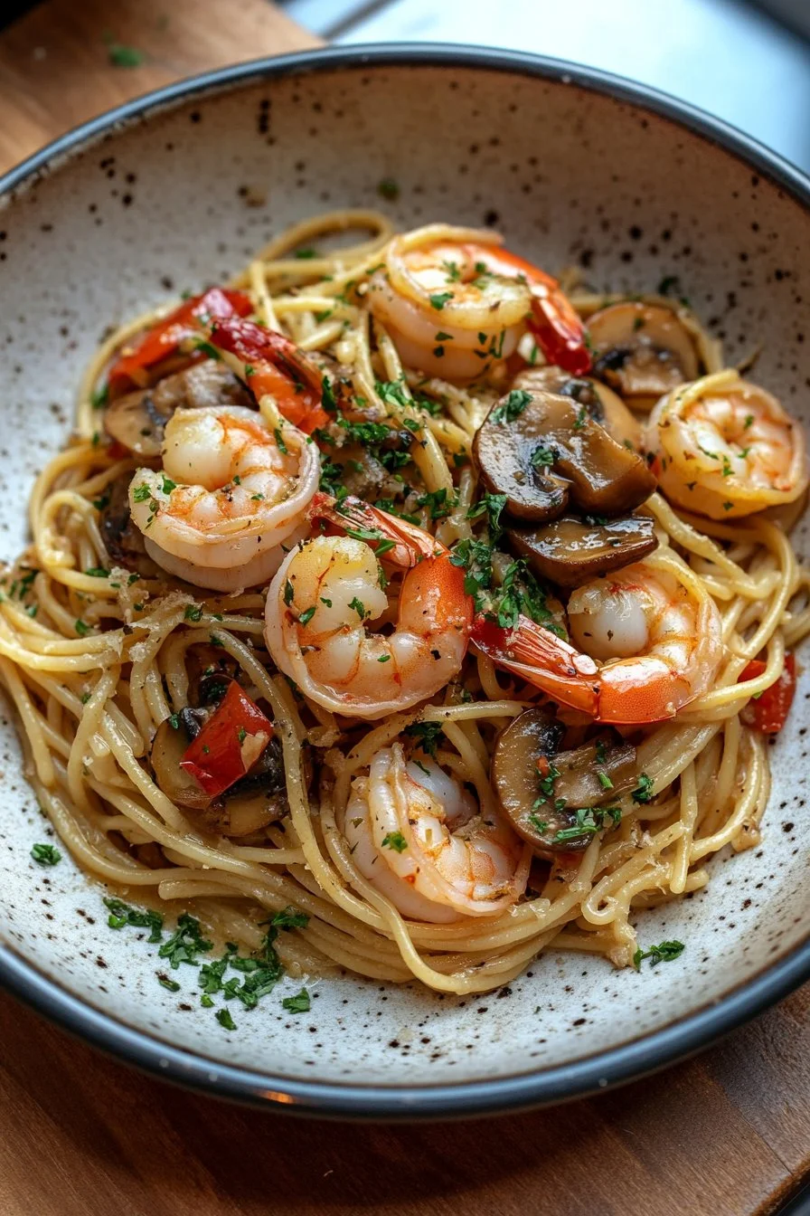 Mushroom Garlic Shrimp Pasta