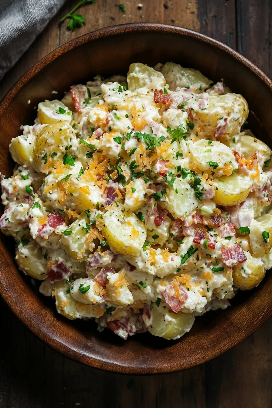 Mustard Horseradish Potato Salad with Bacon & Cheddar