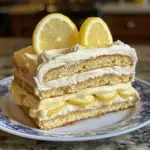 Delicious no-bake lemon éclair cake topped with lemon icing and fresh fruit.