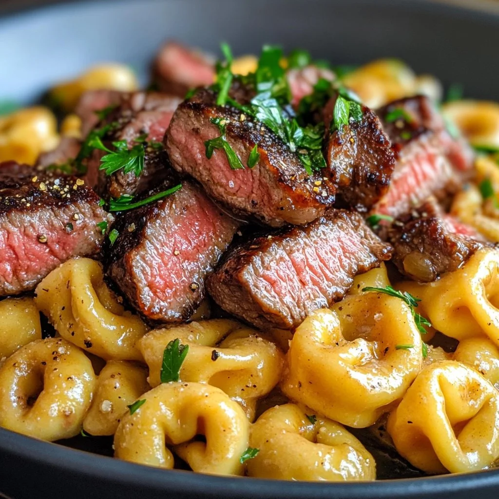 One-Pan Cowboy Butter Tortellini with Steak Bites in a skillet