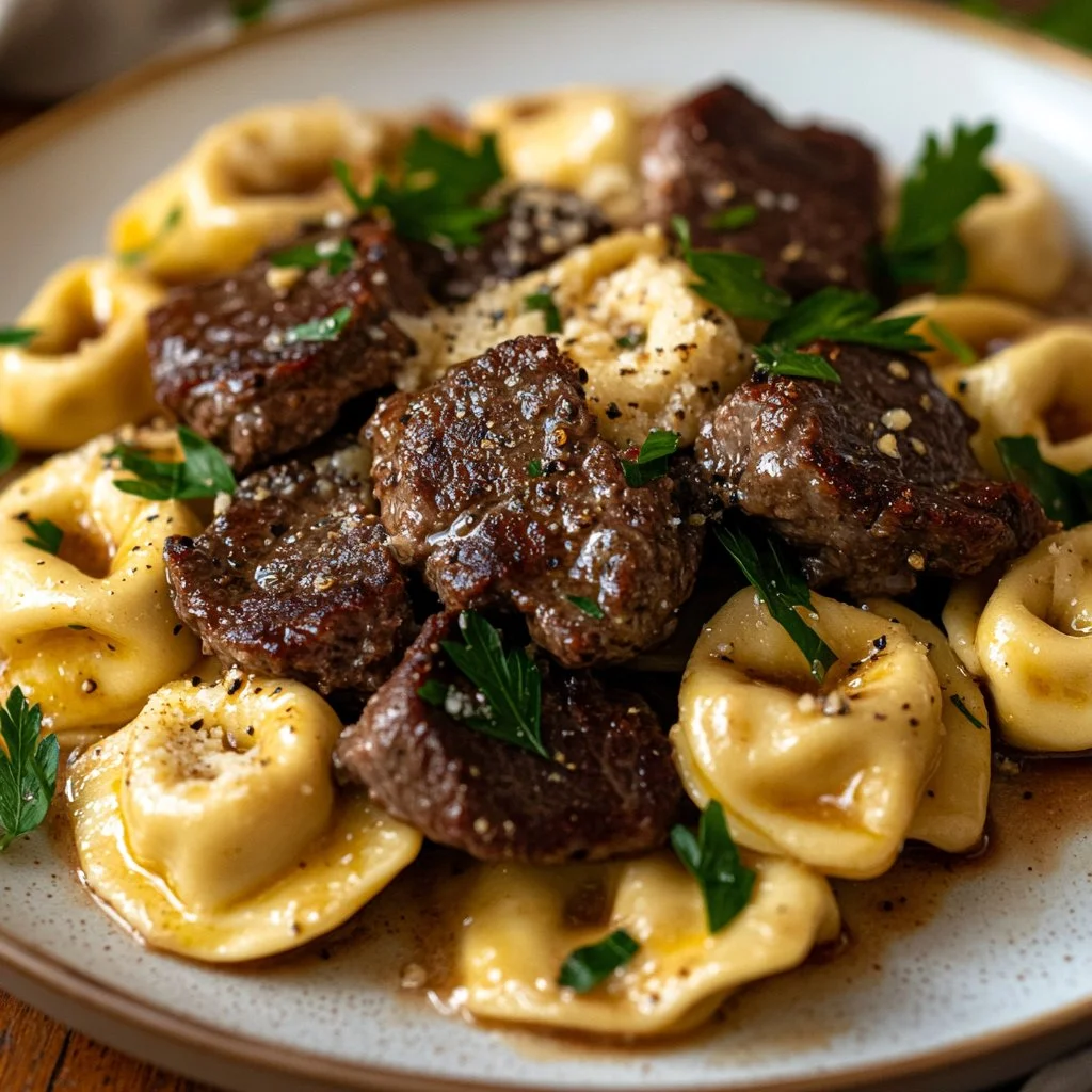 One-pan dish of steak bites and cheesy tortellini served on a plate