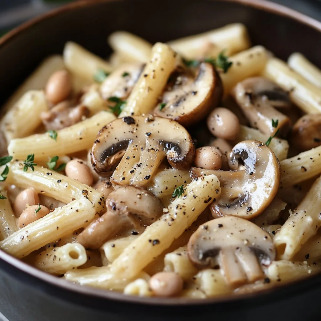 One-Pot Mushroom and White Bean Pasta served in a bowl