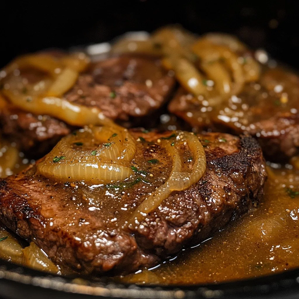 Delicious onion gravy smothered steak served with sides