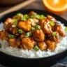 Delicious orange chicken dish served with rice and garnished with green onions.