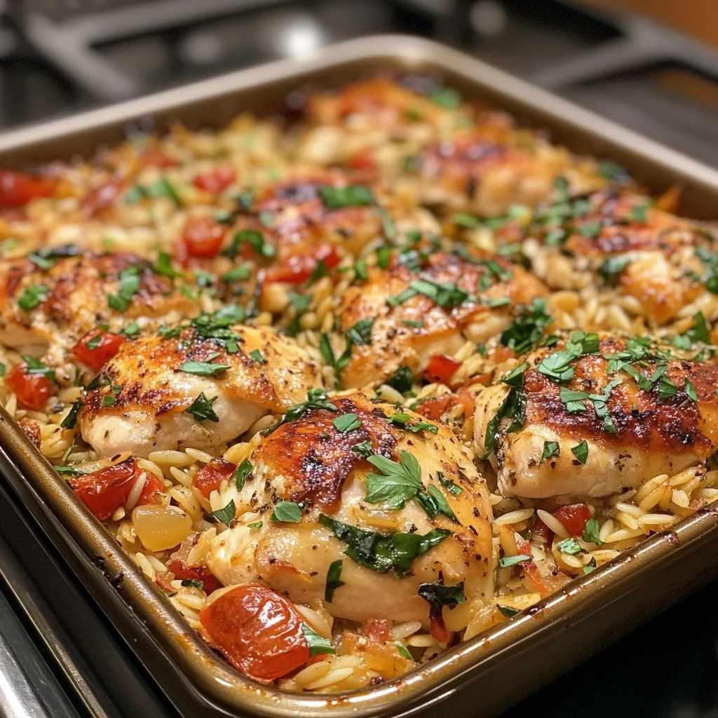 One-pan Orzo Tuscan Chicken Bake filled with flavor and comfort