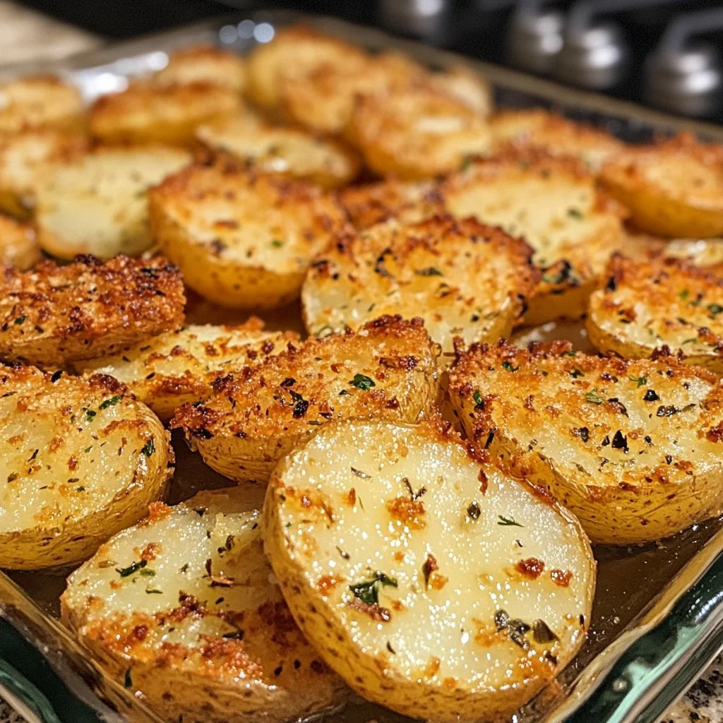 Delicious Parmesan Crusted Potatoes garnished with garlic butter