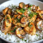 Parmesan-Garlic Mushroom Chicken served on a plate with herbs and garlic cloves.