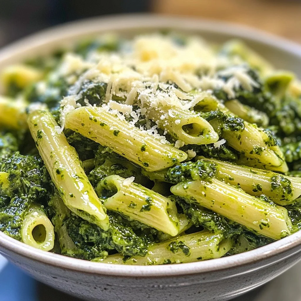 Bowl of pasta with creamy spinach sauce garnished with parmesan cheese