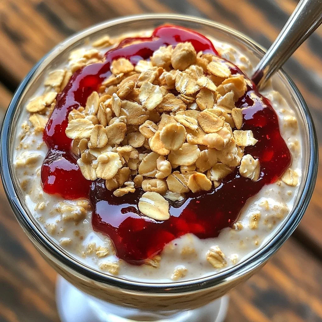 Bowl of Peanut Butter and Jelly Overnight Oats topped with berries and nuts.