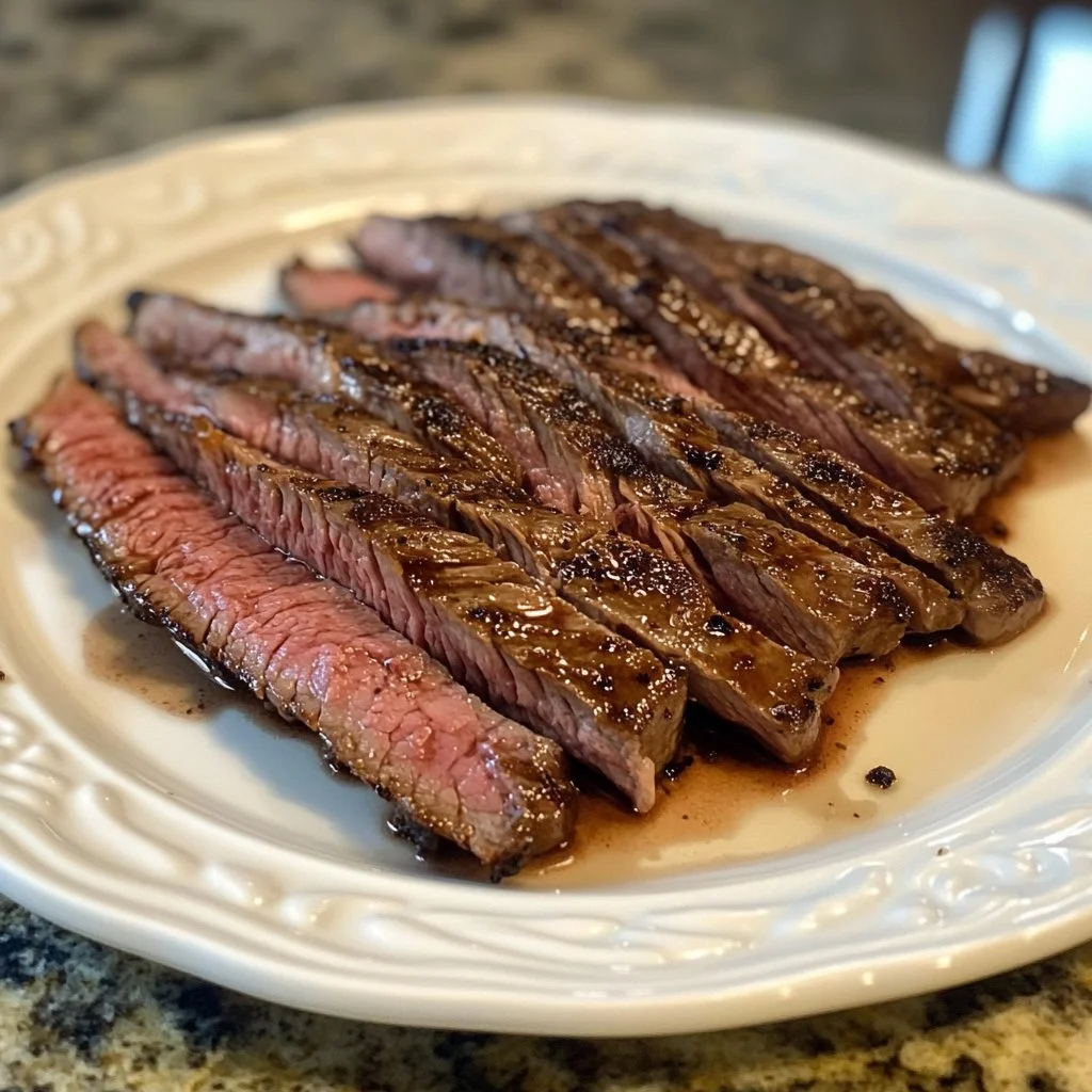 Deliciously marinated and grilled flank steak with juicy marinade dripping.
