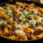 Delicious Philly Cheesesteak Pasta with melted cheese and sautéed veggies