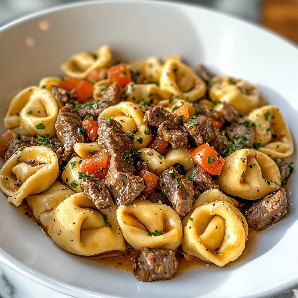 Delicious Philly Cheesesteak Tortellini Pasta topped with cheese and peppers
