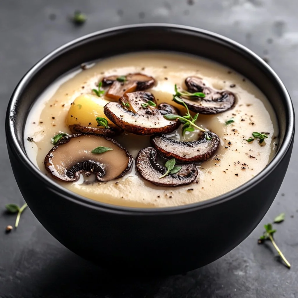 Bowl of creamy roasted garlic potato soup topped with seared mushrooms.