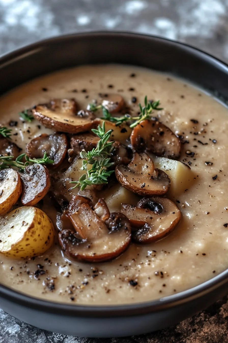 Roasted Garlic & Creamy Potato Soup with Seared Mushroom