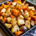 A variety of roasted root vegetables including carrots, beets, and potatoes.