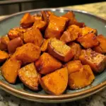 Delicious roasted sweet potatoes drizzled with cinnamon and honey.