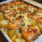 Salmon and Potato Bake served in a dish, garnished with fresh herbs.