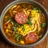 Bowl of hearty sausage soup with vegetables and herbs, perfect for weeknight dinners.