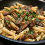 Delicious plate of savory skirt steak pasta with herbs and sauce.