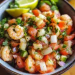 Bowl of fresh Shrimp Ceviche garnished with cilantro and lime