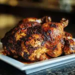 Delicious smoked whole chicken on a grill ready to be served.