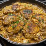 Delicious smothered chicken served over fluffy rice, a hearty comfort food dish.