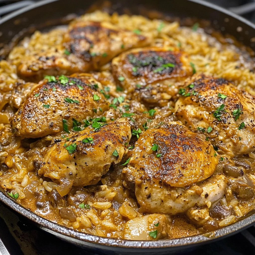 Delicious smothered chicken served over fluffy rice, a hearty comfort food dish.