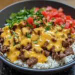 Plate of delicious Steak Cheese Rice with garnishes on a wooden table