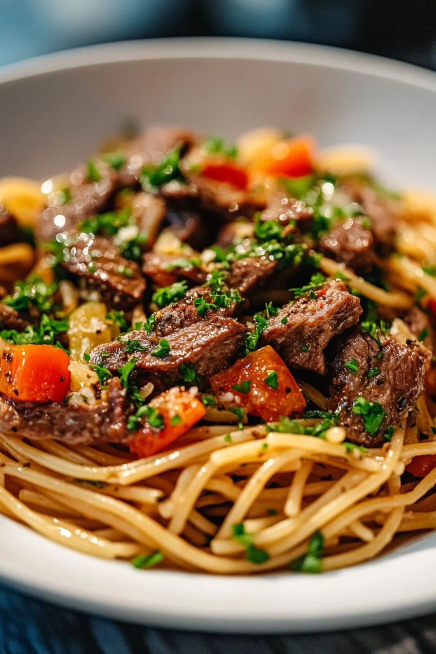 Sweet and Spicy Garlic Steak Pasta