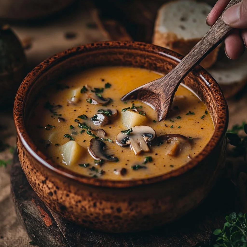 Delicious homemade mushroom soup in a bowl with fresh herbs on top.
