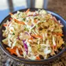 Bowl of vinegar coleslaw with crispy veggies and a tangy dressing