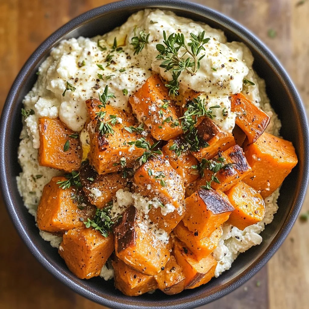 Viral cottage cheese sweet potato bowl garnished with herbs and toppings