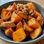 Delicious walnut maple roasted sweet potatoes served on a plate
