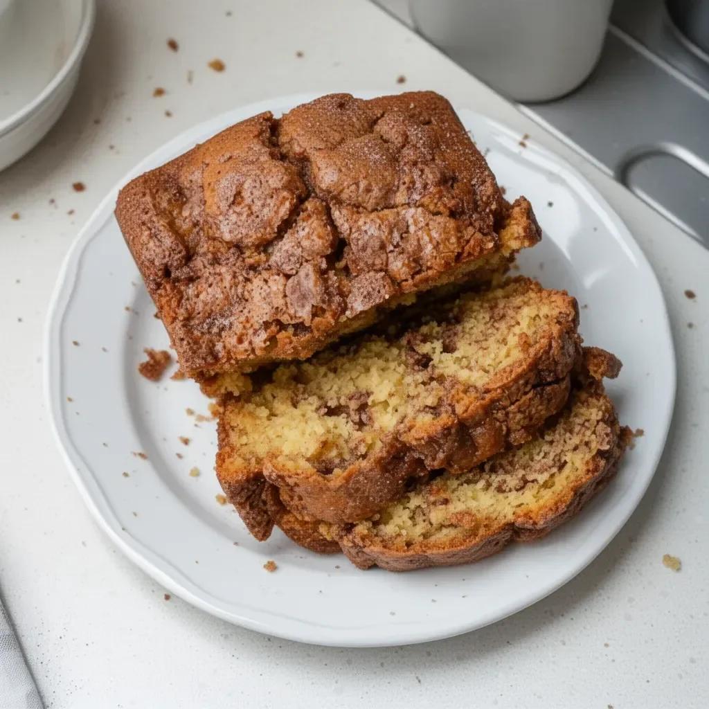 Loaf of freshly baked Amish Cinnamon Bread with a cinnamon sugar crust.