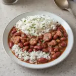 Bowl of Authentic Louisiana Red Beans and Rice with Sausage and Spices