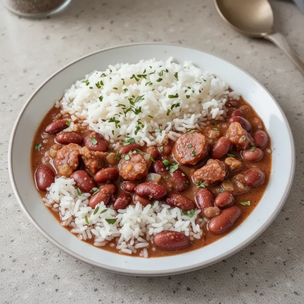 Bowl of Authentic Louisiana Red Beans and Rice with Sausage and Spices