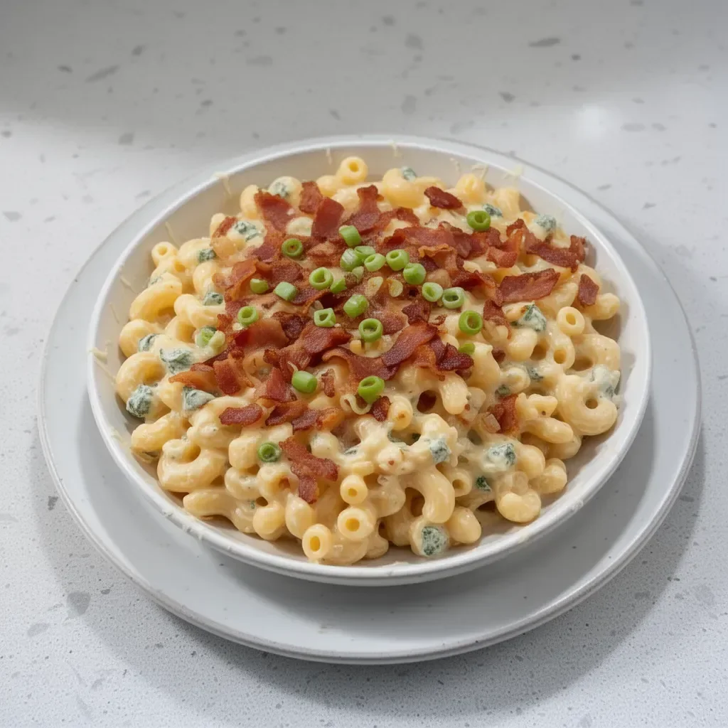 Bacon Ranch Macaroni and Cheese topped with crispy bacon and fresh herbs