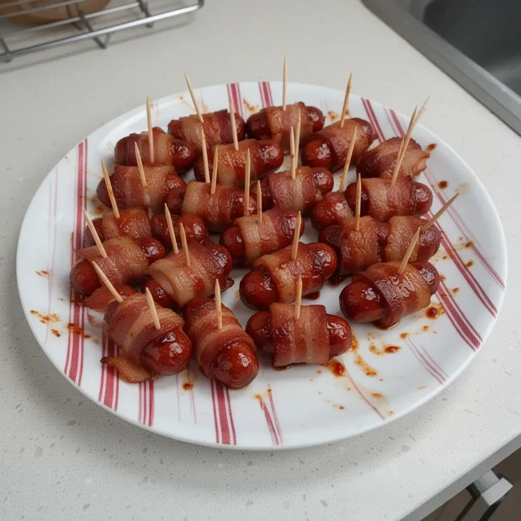 BBQ Bacon Little Smokies served on a platter with barbecue sauce